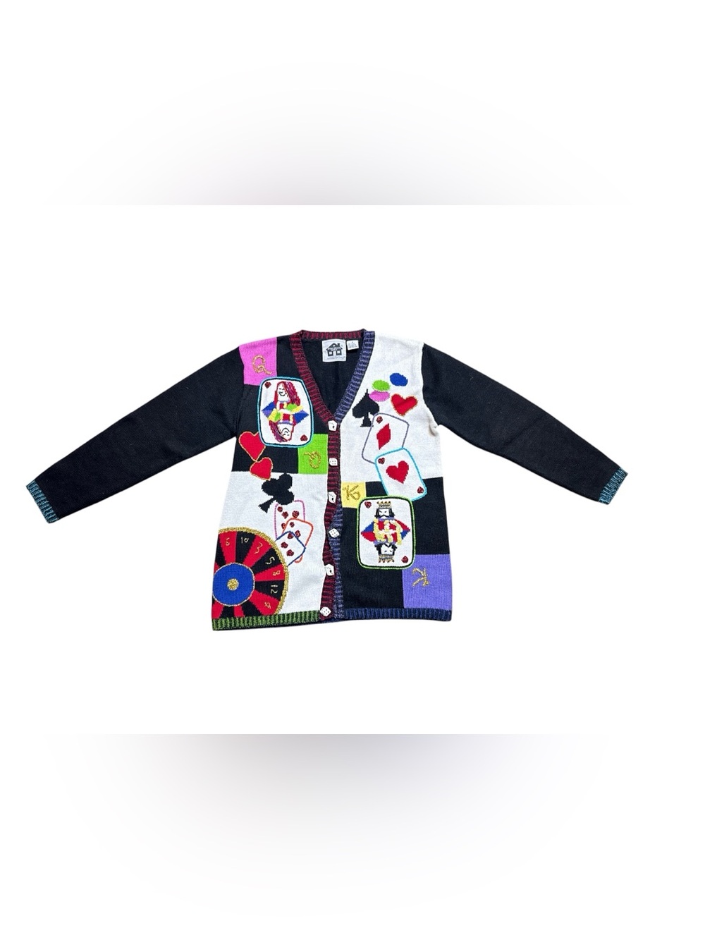 Vintage Storybrook Knits Novelty Card Queen of Hearts Knit Cardigan Sweater OS